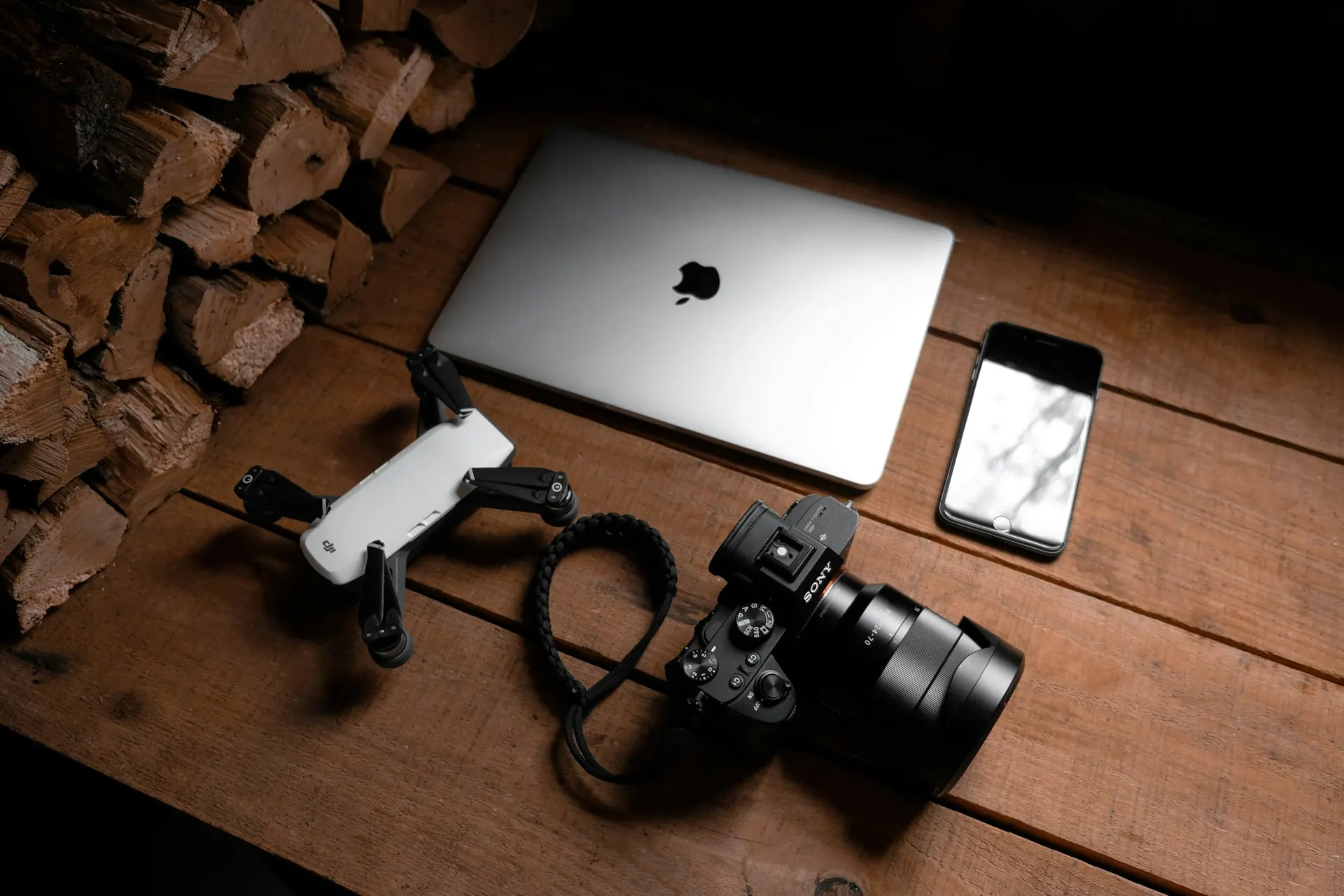 A flat-lay arrangement of computer accessories, cables and adapters.